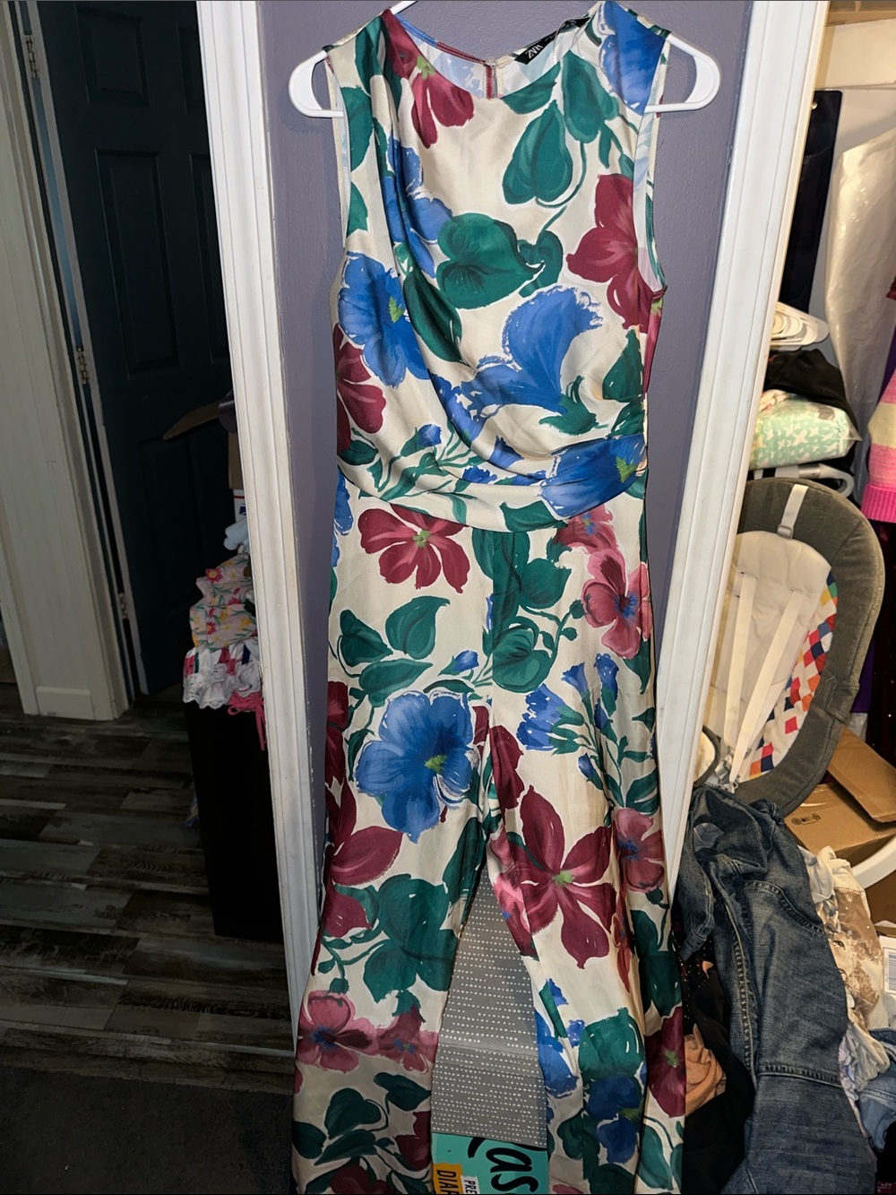 Sleeveless Floral Wide-Leg Jumpsuit in Cream with Blue, Green & Burgundy Prints